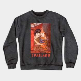 Antique Thai colorful temple mural of a young couple embracing in traditional period ceremonial clothing with the word Thailand featuring under the image. Crewneck Sweatshirt